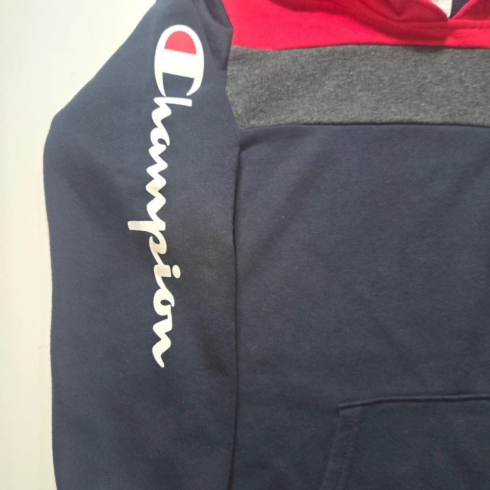 Champion Boys Colorblock Hoodie Navy Blue Red Grey Logo Sweatshirt Size L 14/16